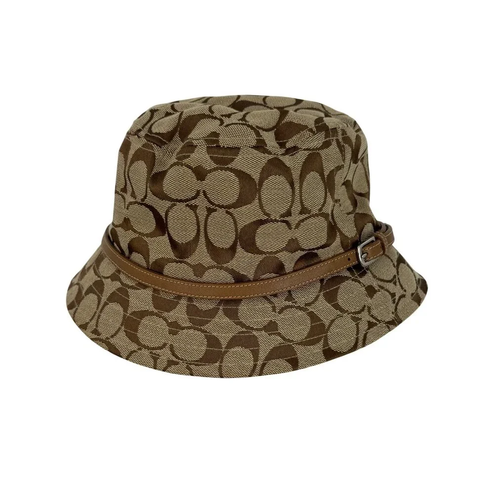 Vintage Coach CC Monogram Bucket Hat Brown/Tan Canvas Vegan Leather Accent Y2K - Picture 1 of 12